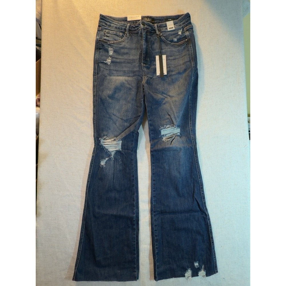 Judy Blue High Waist Flare Jeans Distressed Dark Blue Women's Size 15